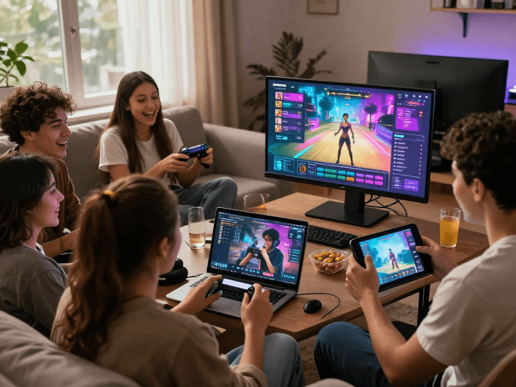Group enjoying diverse sexgames on multiple devices in a cozy gaming setup.