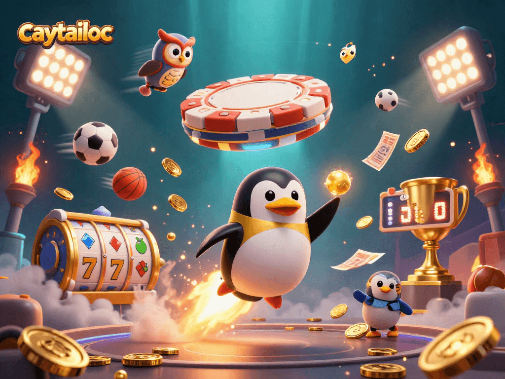 Engage in the exciting world of caytailoc with a vibrant 3D casino scene featuring a golden penguin, slot reels, and dynamic gaming elements.