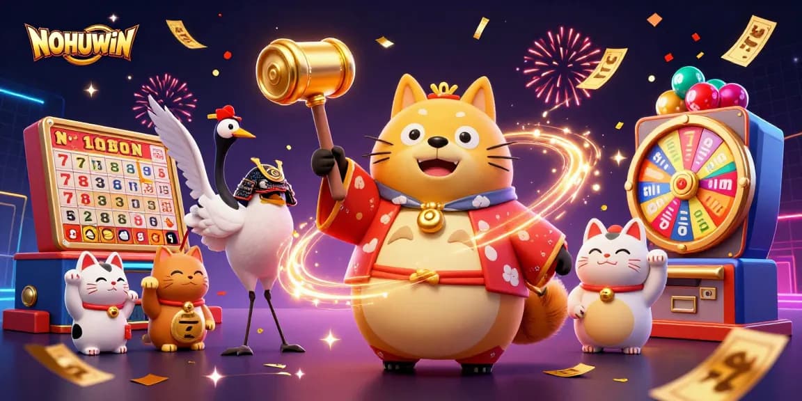 Experience excitement with NOHUWIN's jackpot slots featuring colorful characters and dynamic winning elements.