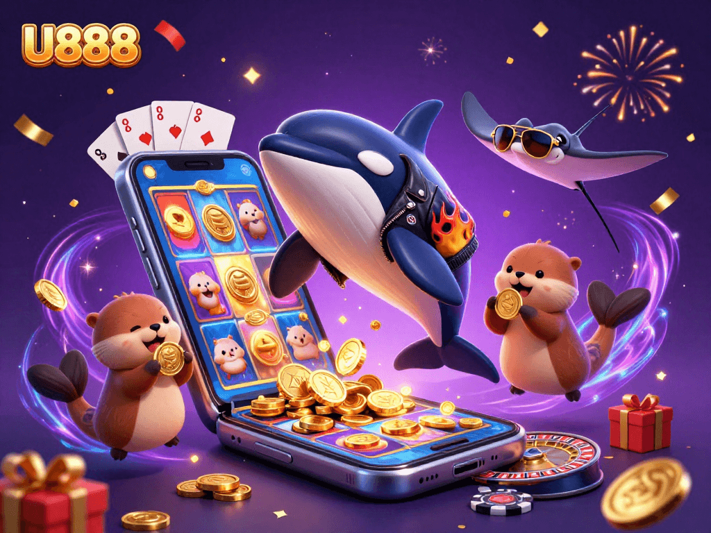 U888 players enjoy vibrant casino games surrounded by dynamic characters and festive elements.