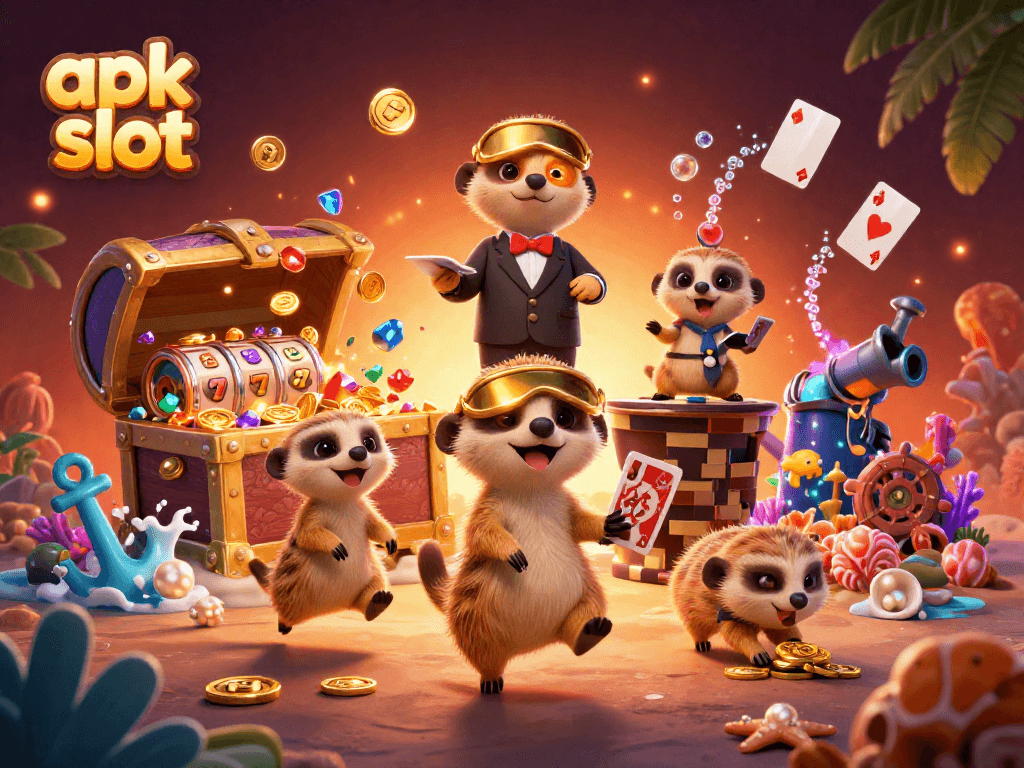 Menangkan apk slot yang mengasyikkan dengan ilustrasi kasino 3D menarik dan karakter meerkat yang ceria.
