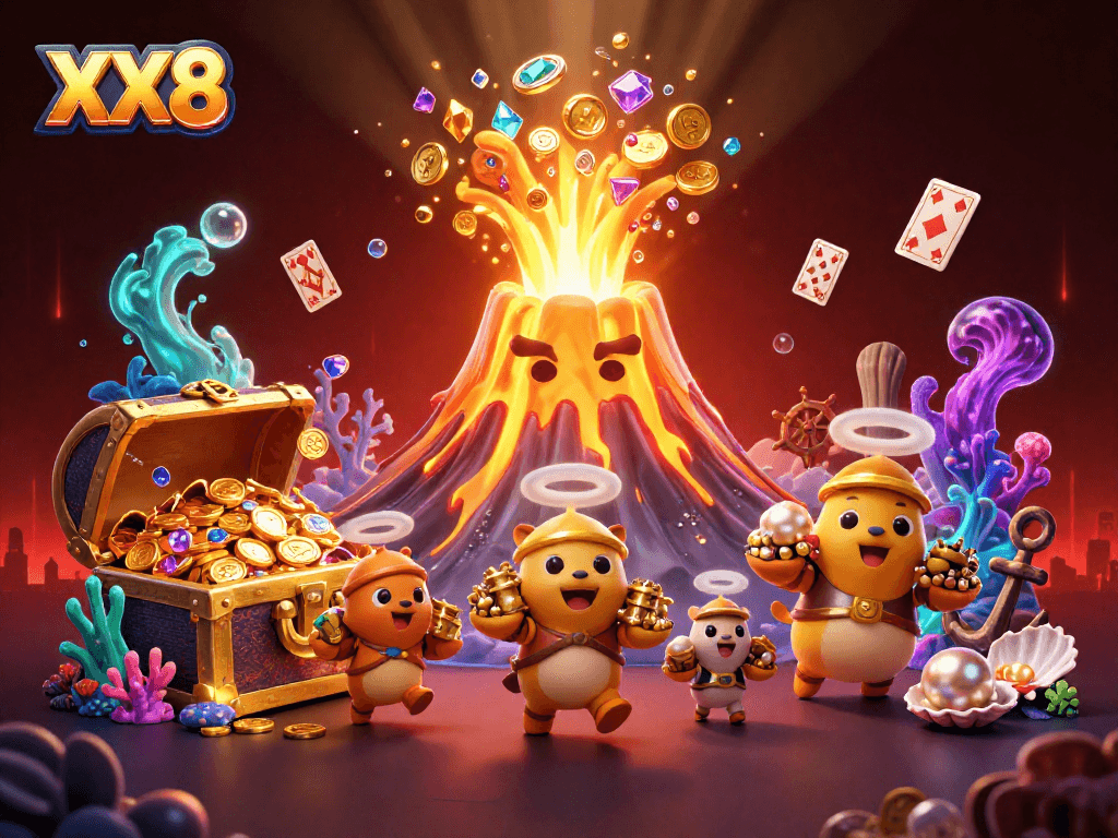 Experience thrilling wins at XX8 with a vibrant 3D casino scene full of treasures.