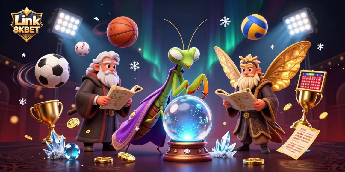Experience dynamic gaming action with Link 8KBET's vibrant casino illustration showcasing fortune teller characters and sports elements.