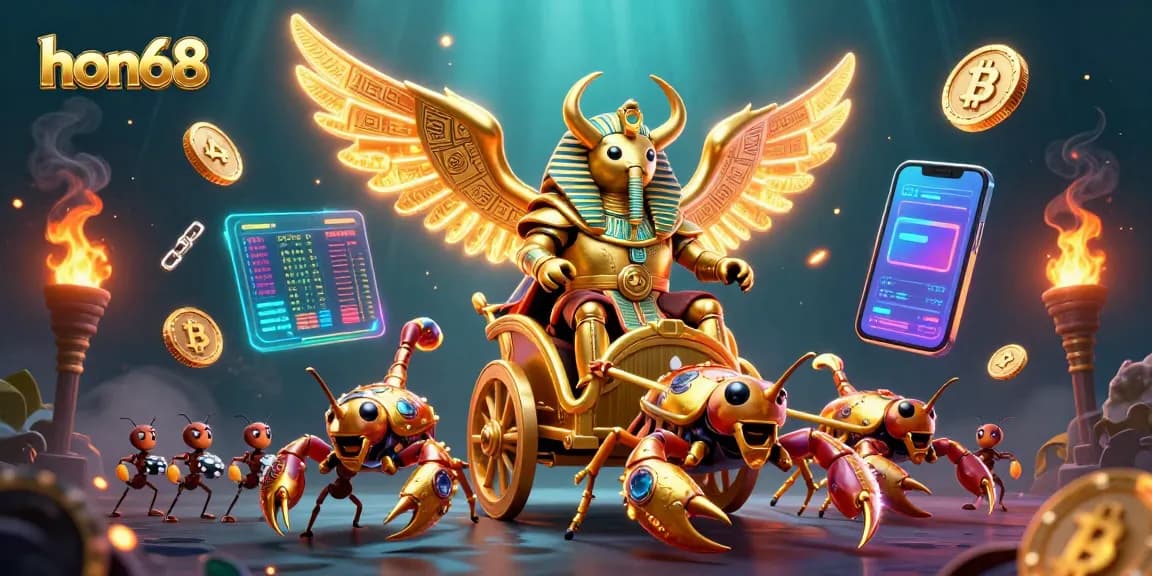 Experience hon68's captivating casino scene with a colossal golden scarab beetle and vibrant gaming elements.