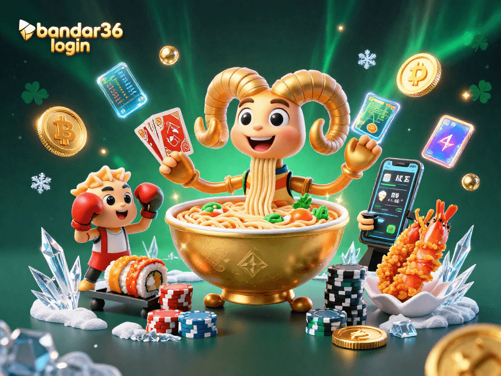 Gambarkan bandar36 login dalam ilustrasi kasino 3D yang penuh warna dan dinamis.