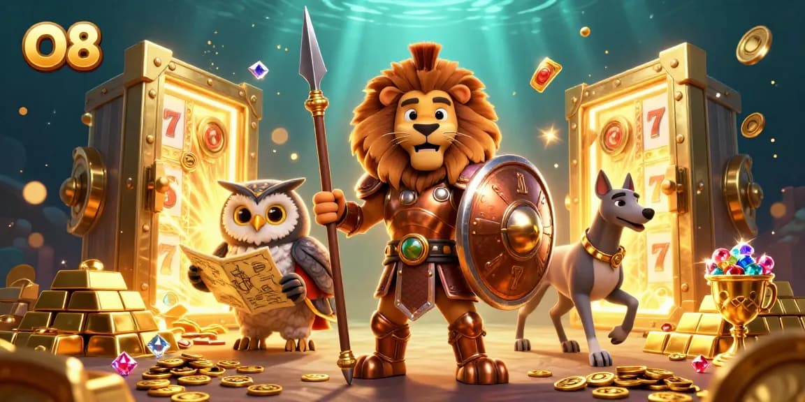 Spin and win with O8's captivating casino adventure featuring a Spartan lion, owl strategist, and treasures.