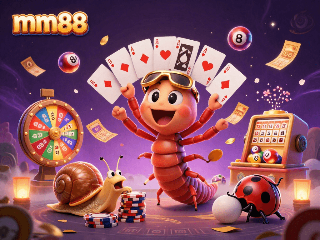 mm88 showcases a dynamic casino scene with a colorful millipede dealer and chip stack.