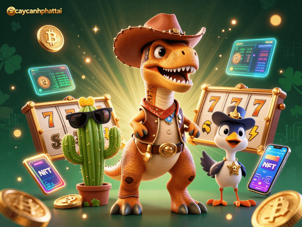Spin the reels in caycanhphattai for thrilling wins as a T-Rex cowboy and friends join the action!