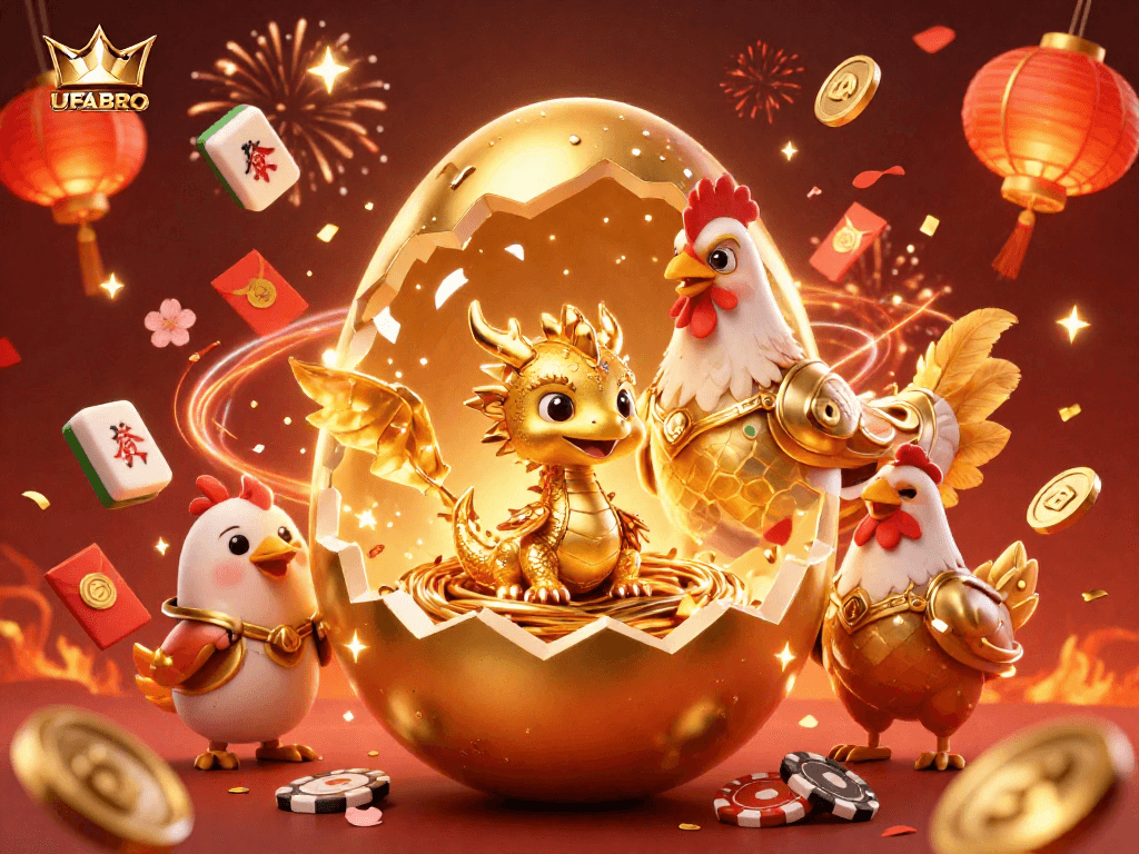 Experience UFABRO's dynamic online gambling scene with a golden dragon and poker chips.