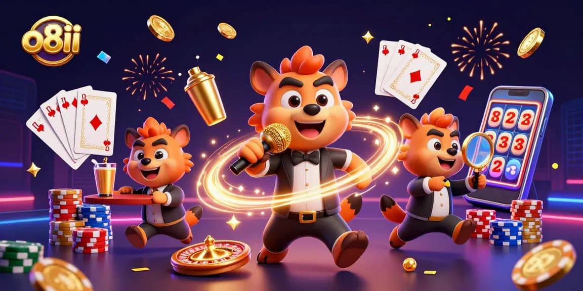 o8ii hyenas entertain in a vibrant casino scene with slots and poker elements.