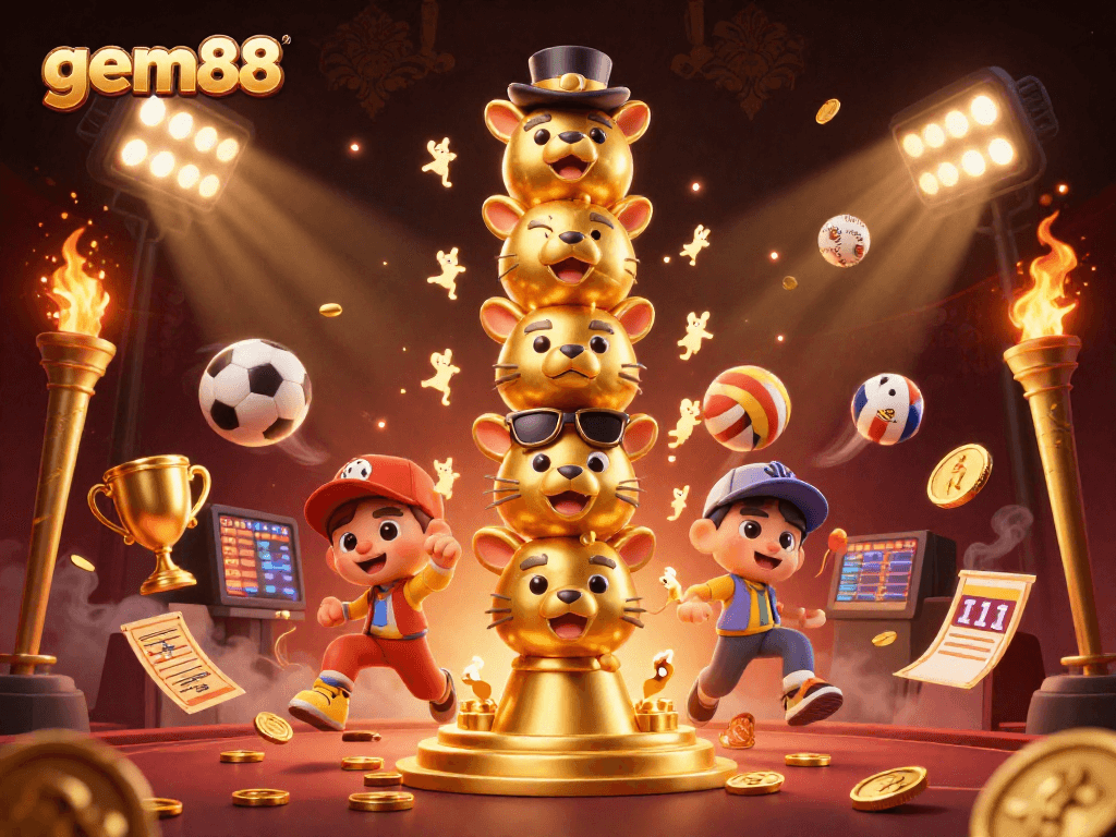 Bet on gem88 with dynamic sports elements and golden casino flair in a vibrant 3D scene