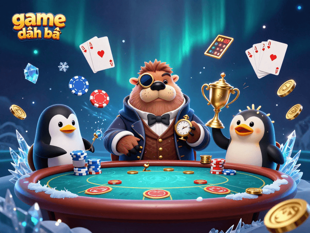 Experience the excitement of game đánh bài with a jolly walrus at an underwater poker table.