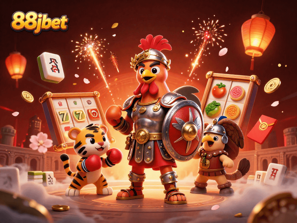 88jbet showcases a vibrant 3D casino scene with a gladiator rooster and lively gaming elements.