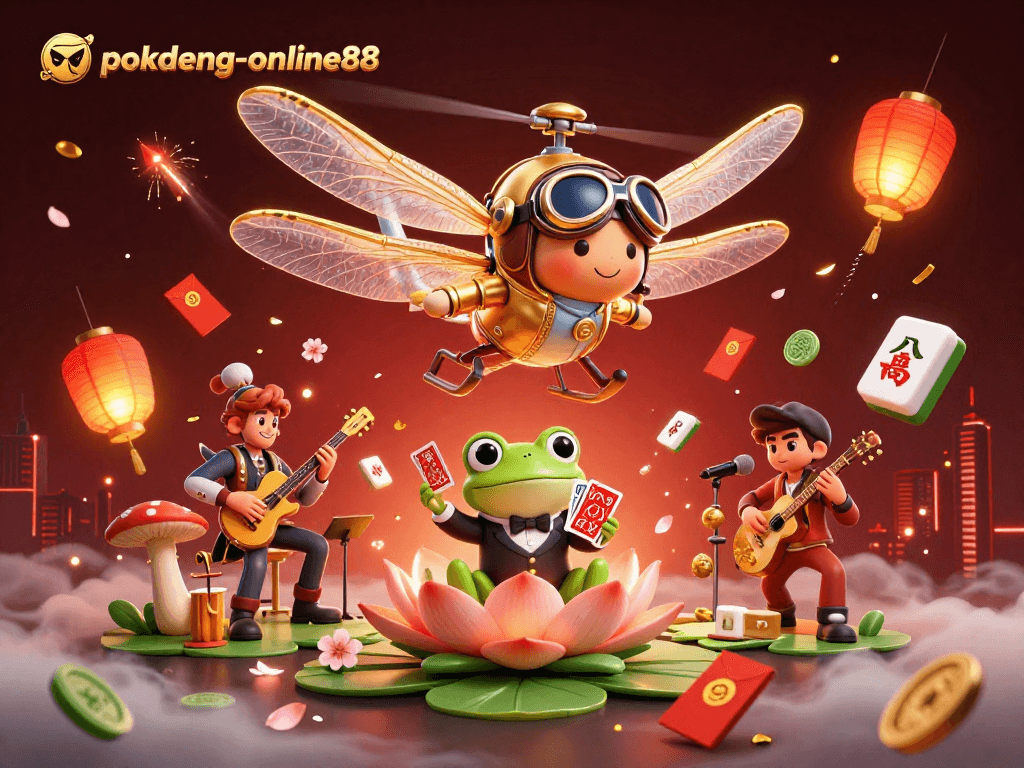 Engage with pokdeng-online88 at an exciting lily pad casino with dynamic gaming elements and vibrant characters.
