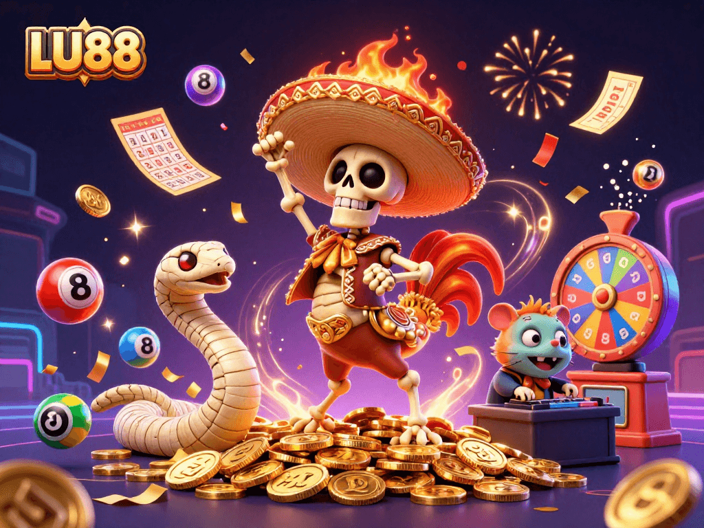 LU88's vibrant 3D illustration showcases a victorious mariachi rooster and lively gaming elements in action.