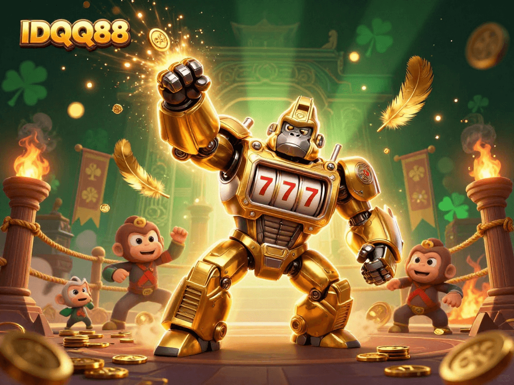 IDQQ88 showcases a dynamic 3D gorilla mech smashing coins in a vibrant gambling arena.