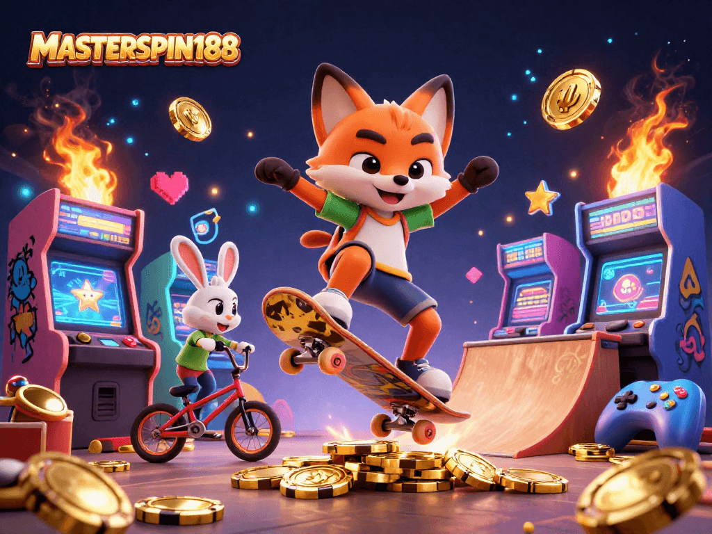 Experience the thrill of gaming with MASTERSPIN188 featuring dynamic characters and casino symbols.