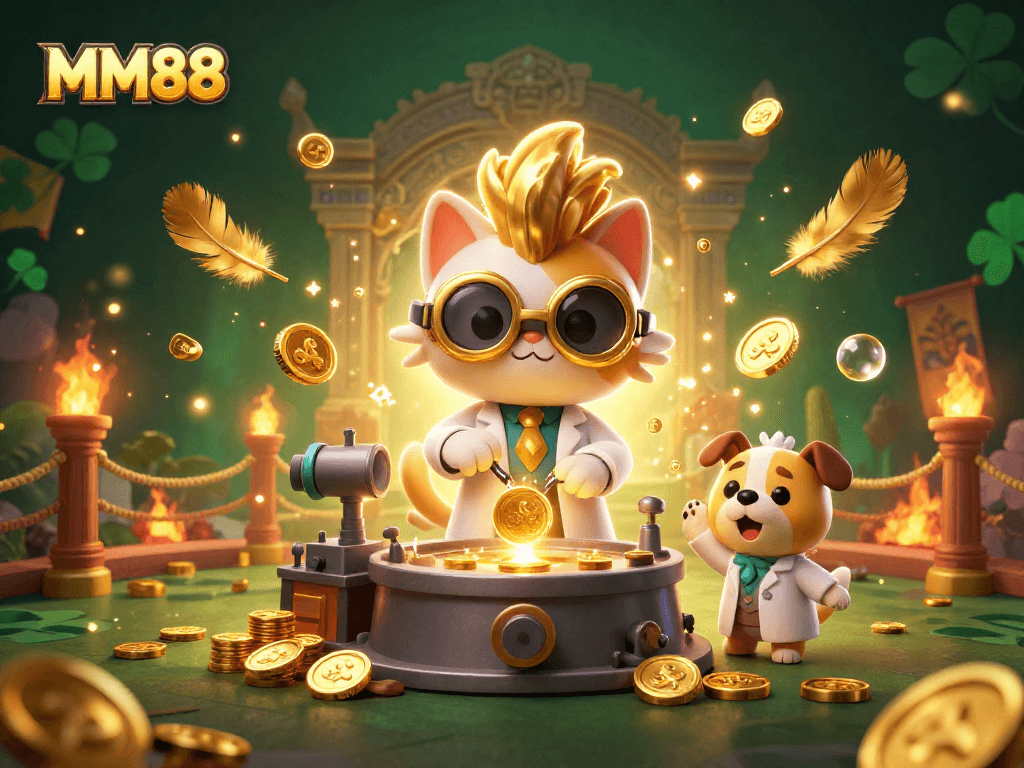 Experience the thrill of MM88 casino with a 3D mad scientist cat creating gold coins in a dynamic scene.