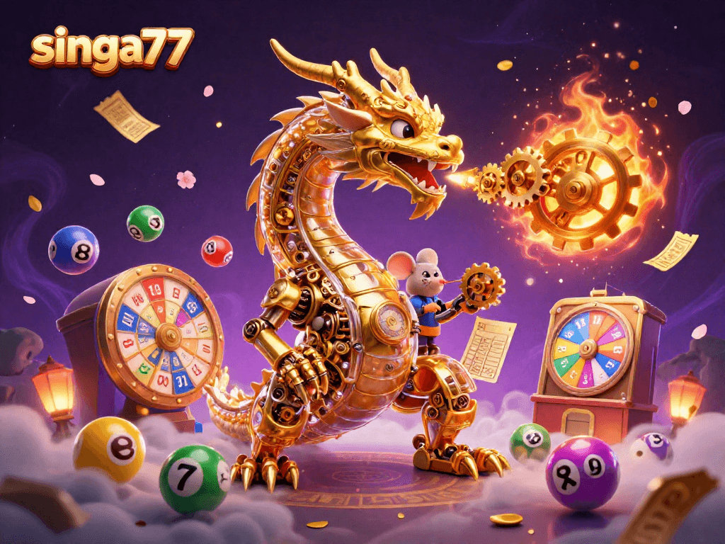 Experience thrilling gameplay with singa77 as a golden dragon unleashes exciting lottery magic amidst vibrant casino elements.