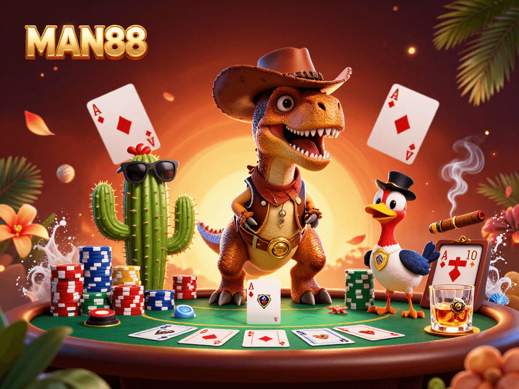 MAN88 poker scene with a cowboy dinosaur, cactus sidekick, and roadrunner, showcasing high-stakes gaming.