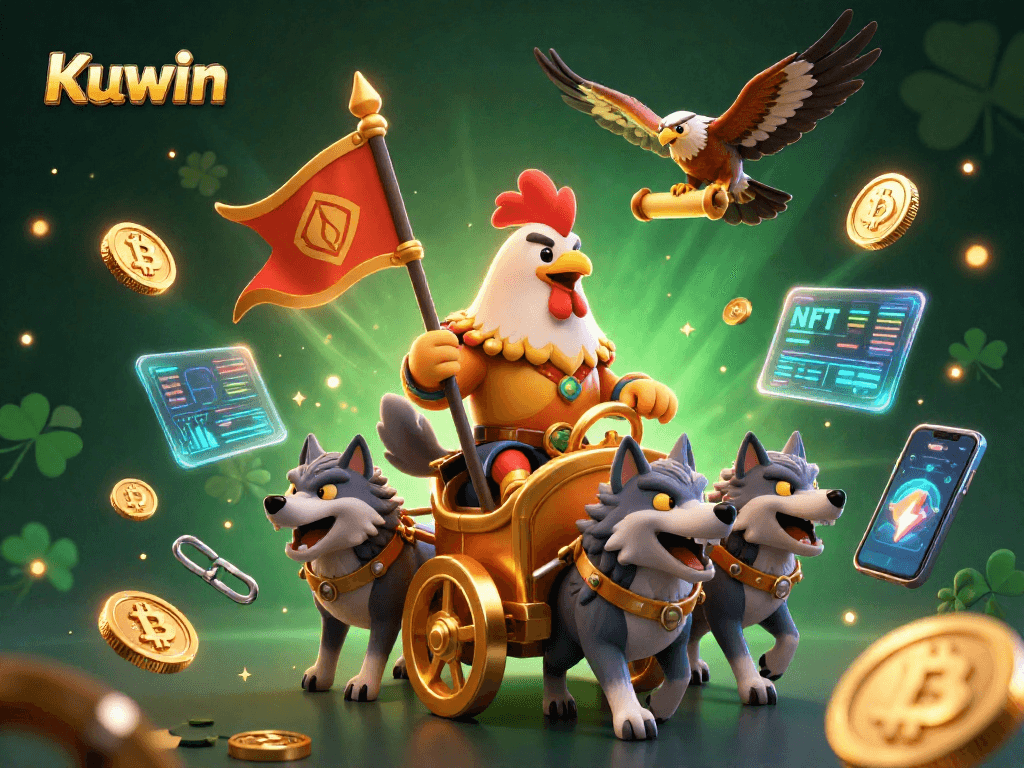 Kuwin Casino features a cartoon rooster warlord with wolves, surrounded by Bitcoin and Ethereum coins in an epic 3D scene.