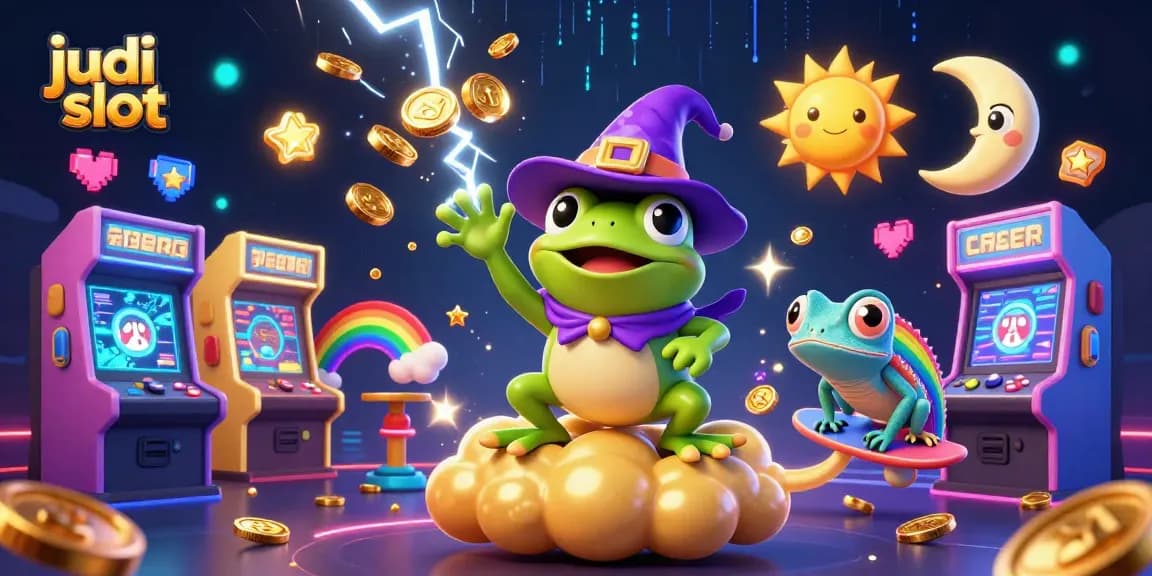 Judi slot: Juara jackpot dalam pertempuran kasino bertema kolorful dengan karakter ajaib yang menarik uang emas.