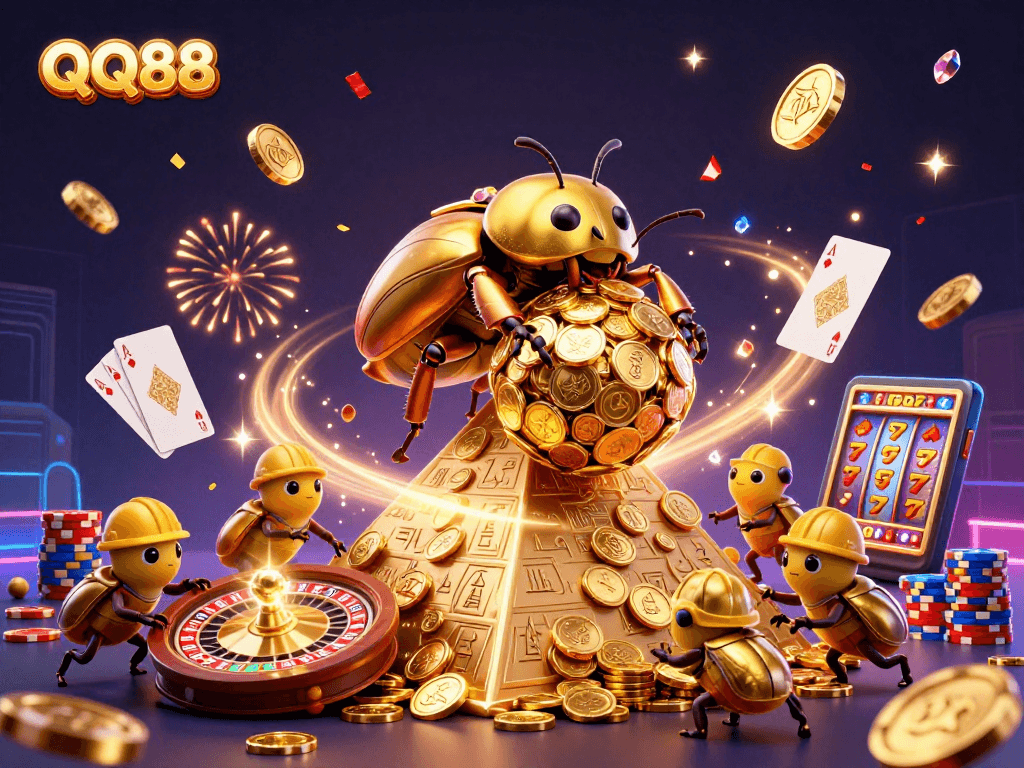 Experience thrilling QQ88 gaming adventures as cartoon beetles roll golden coins in a vibrant casino setting.