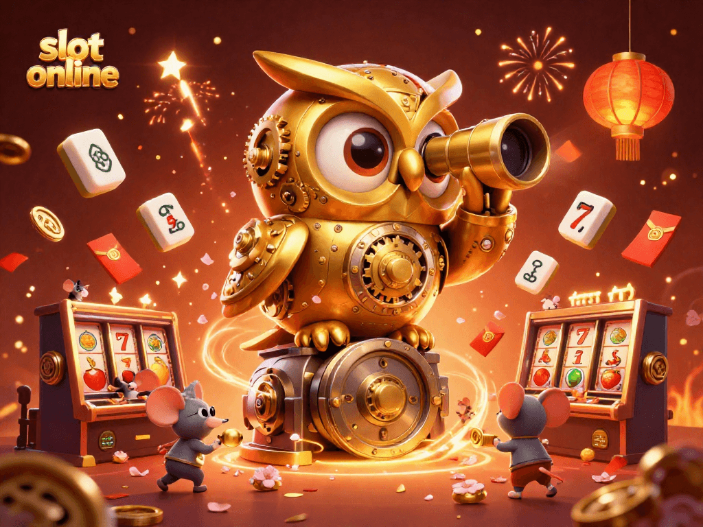 Menghadirkan sensasi bermain slot online dengan karakter burung hantu emas dan koin keberuntungan yang berkilauan.
