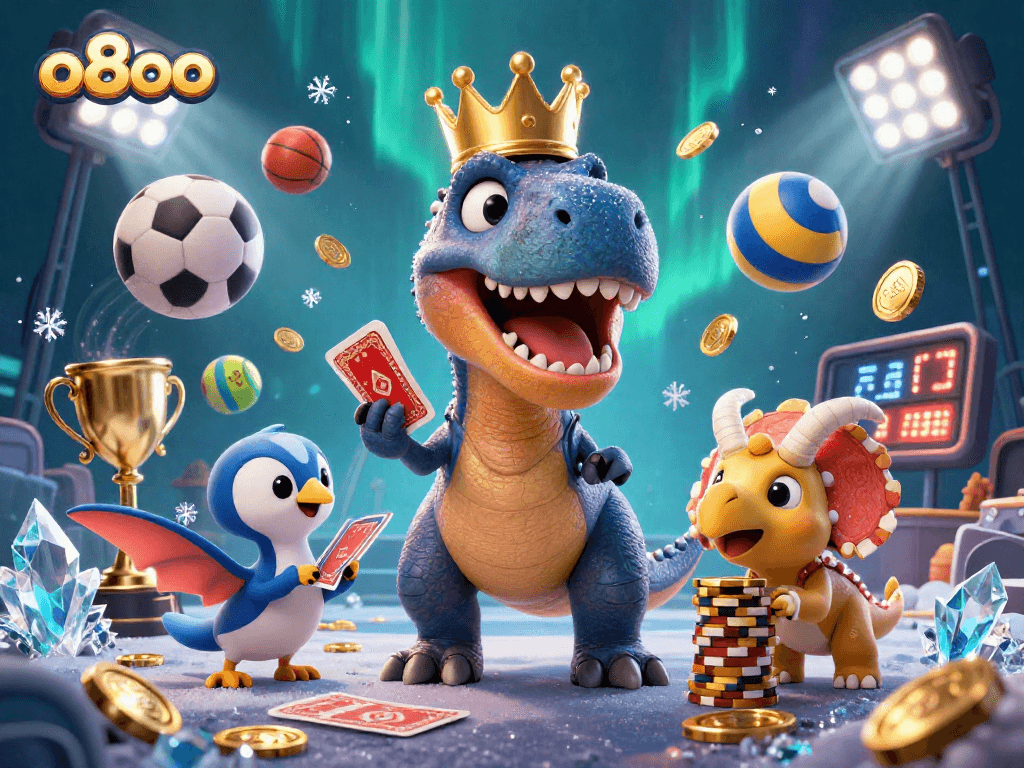Engage with the vibrant casino world of o8oo, featuring characters and gaming elements in a lively scene.