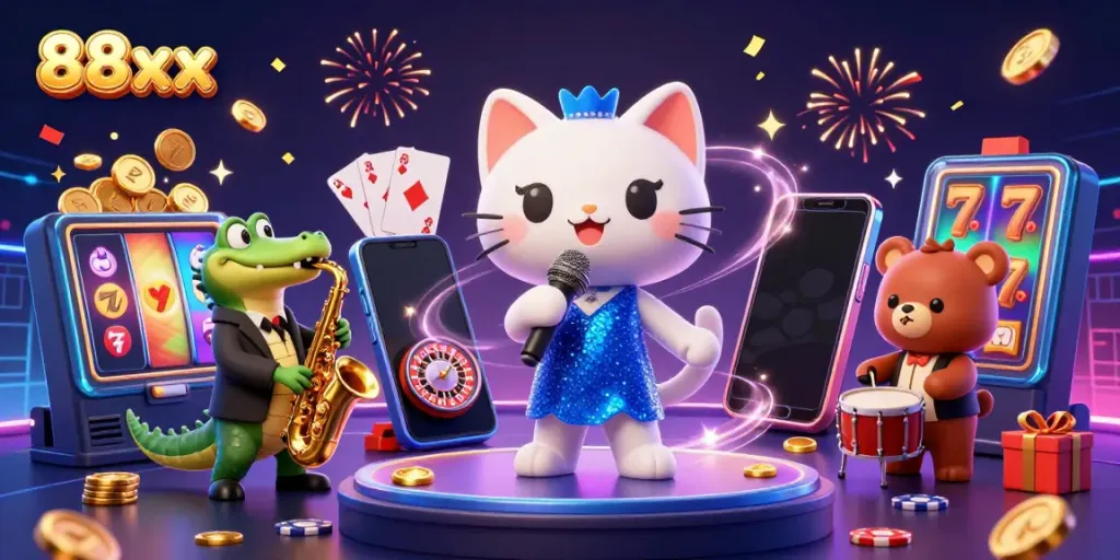 Catch the thrill of gameplay as 88xx comes alive with a singing cat and gaming symbols!