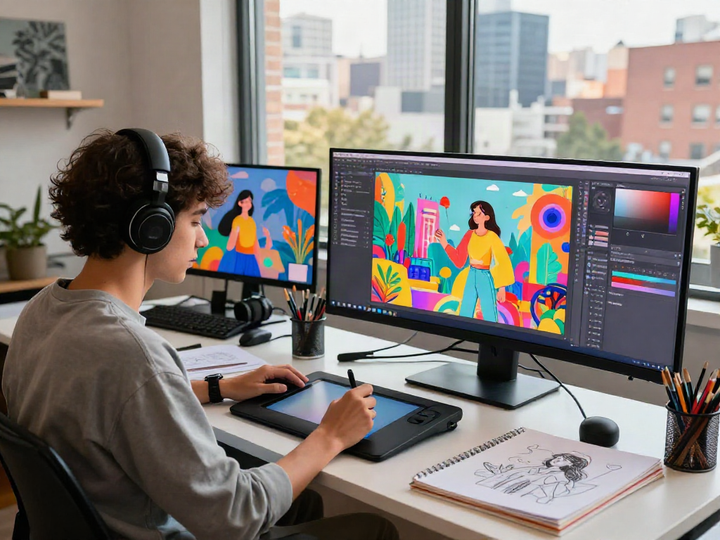 Dynamic workspace showcasing an artist using a porn ai generator for digital illustrations.