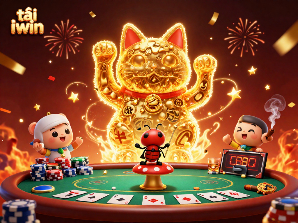 Experience the thrill of tải iwin with a dynamic casino-themed digital illustration featuring a lucky cat and poker elements.