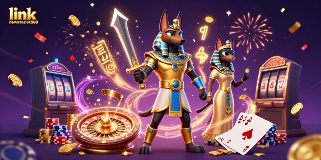 Link dewataslot888 menampilkan Anubis dan Bastet dalam ilustrasi kasino yang kaya detail.