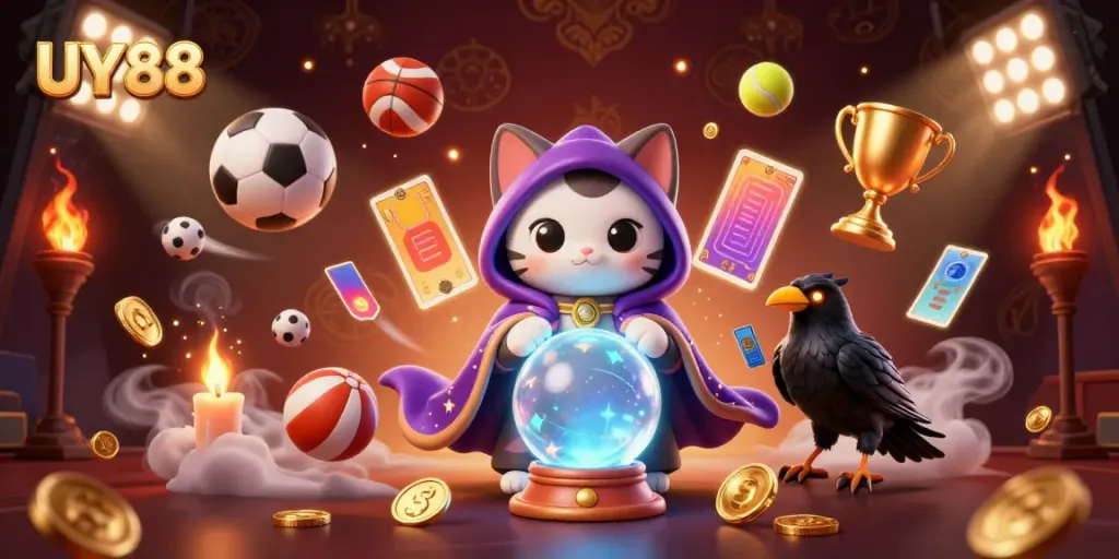 Engage with UY88's mystical casino world, featuring a fortune teller cat amidst vibrant gaming elements.