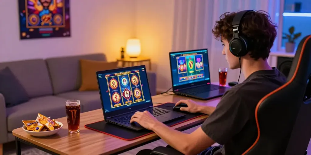 Excited gamer enjoying slot server Thailand gameplay in cozy living room