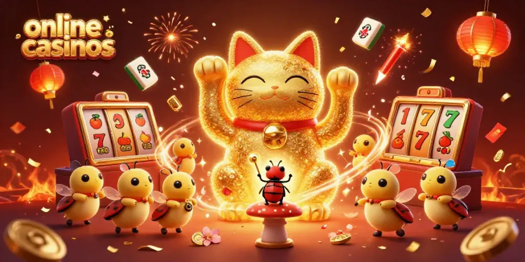 Experience the allure of online casinos with a grand lucky cat and dynamic casino elements.