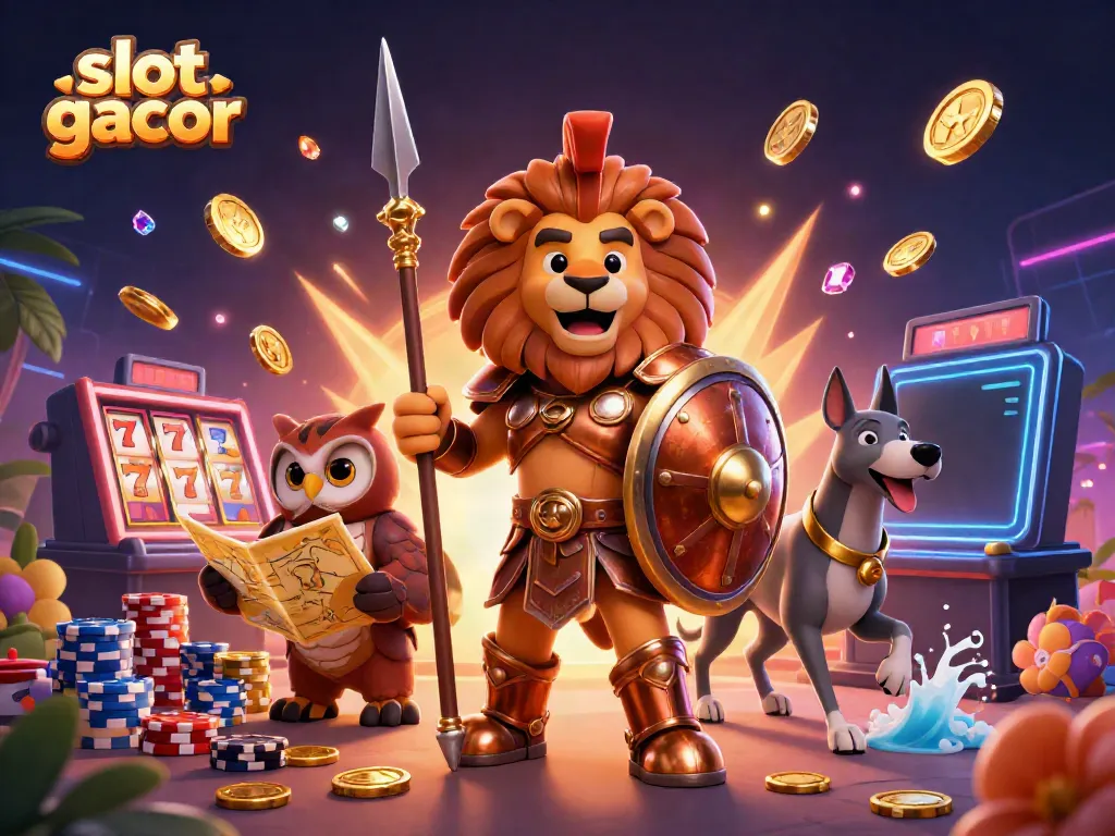 Slot gacor yang menampilkan singa Spartan, burung hantu, dan greyhound dalam ilustrasi 3D.