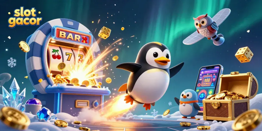 Permainan slot gacor dalam ilustrasi 3D dengan penguin emas dan mesin slot meledak dalam koin