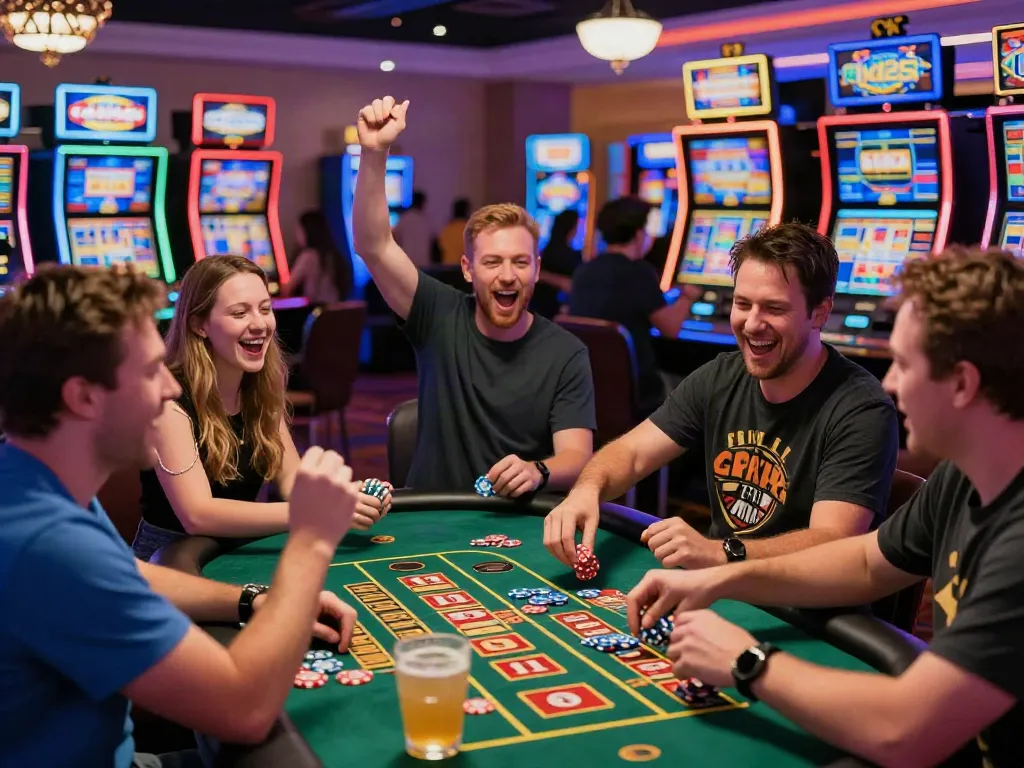 A lively casino scene where players celebrate a win, showcasing the excitement of akunjp gaming.