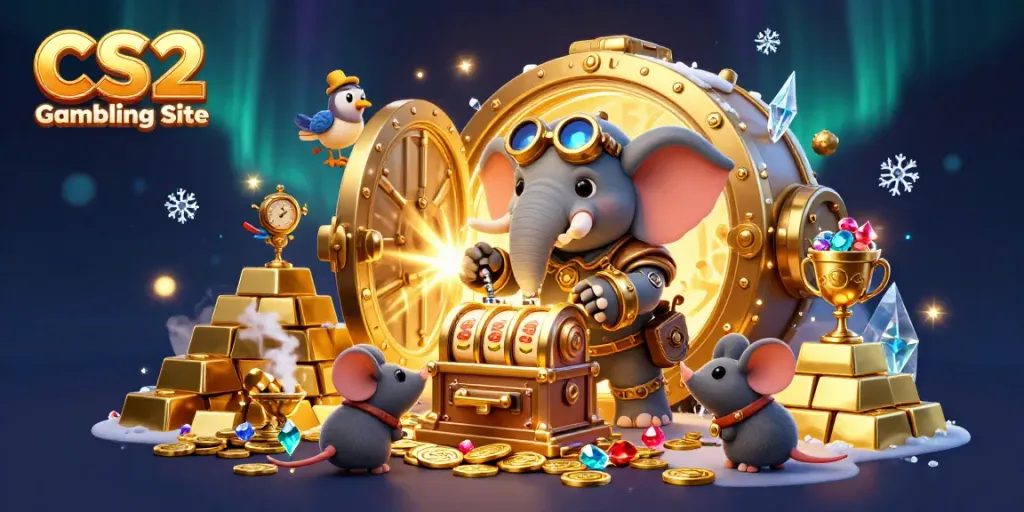 Experience the excitement of a CS2 Gambling Site, featuring a whimsical elephant engineer at a lavish slot machine.