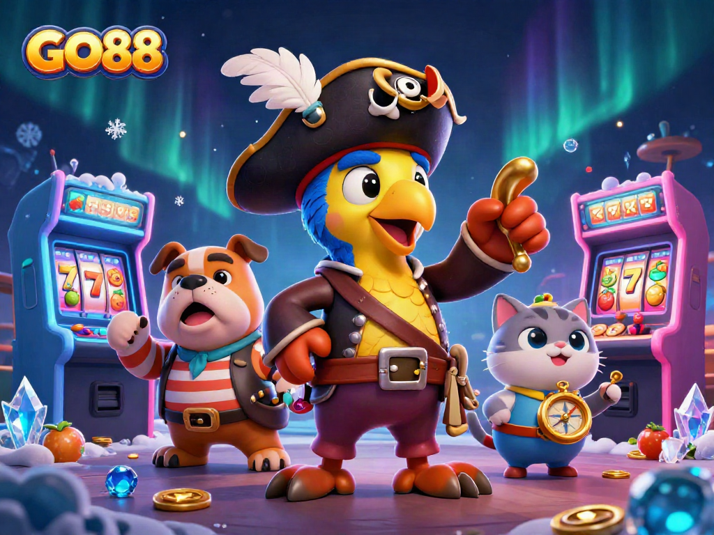 Engage with the vibrant GO88 gaming scene featuring a pirate captain and arcade elements for immersive fun.