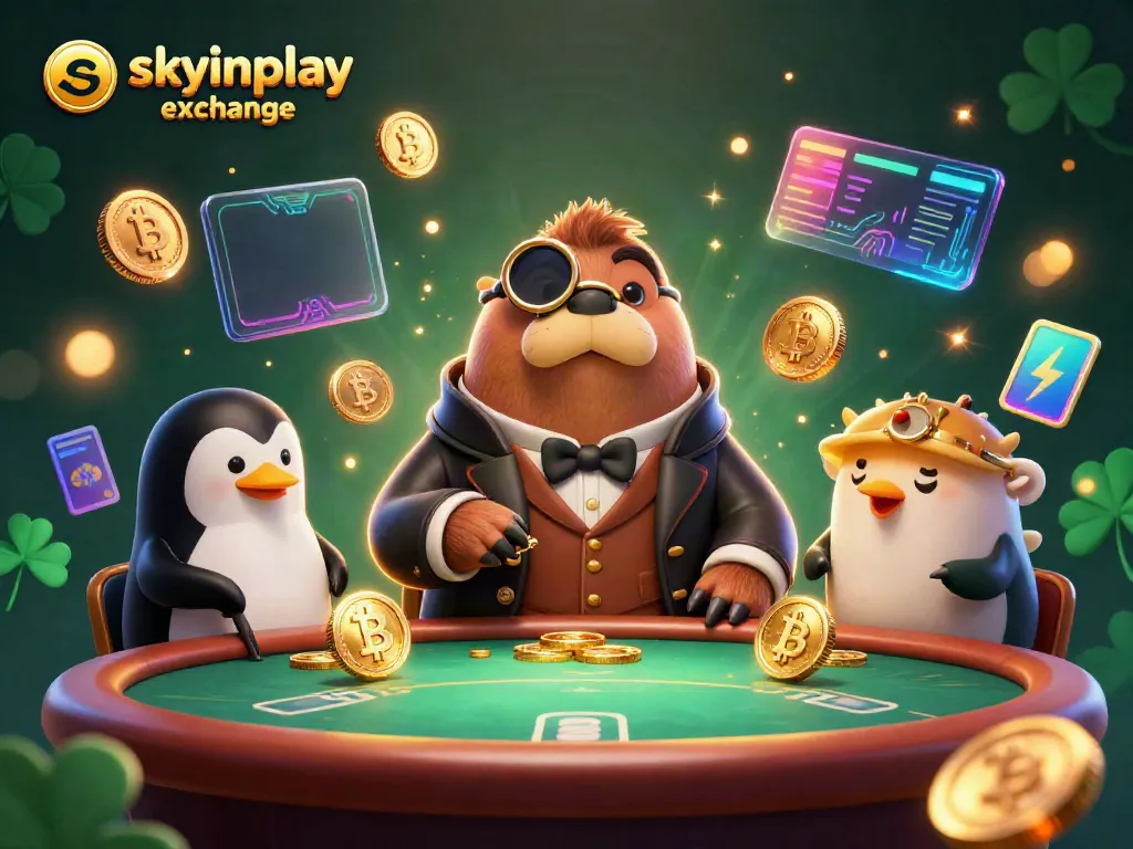 Bet on action with skyinplay exchange featuring a walrus at a poker table with Bitcoin coins.