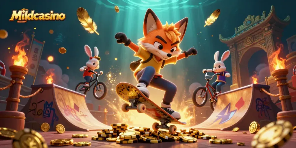 Mildcasino engages players with a vibrant 3D scene showcasing a skateboarder fox and BMX rabbit in a lively casino atmosphere.