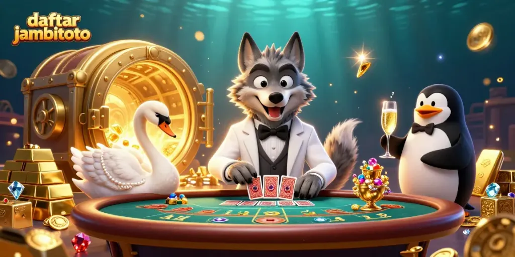 Experience the excitement as you daftar jambitoto with our 3D promotional illustration showcasing a debonair wolf and elegant characters.