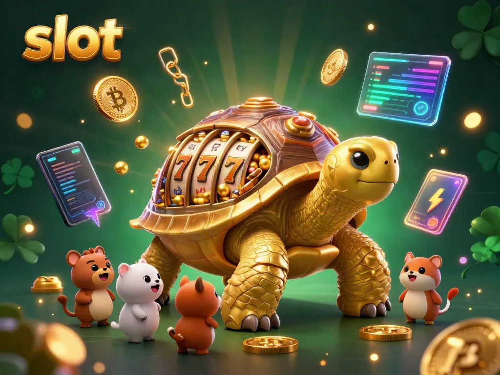 Engage with thrilling slot games featuring a golden tortoise slot machine amid fun animals and crypto-themed elements.