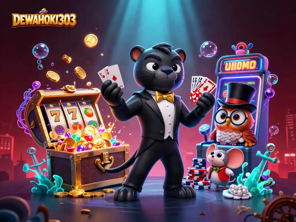 DEWAHOKI303 memberi pengalaman bermain slot dengan karakter gaya kartun dalam ilustrasi 3D yang penuh warna.