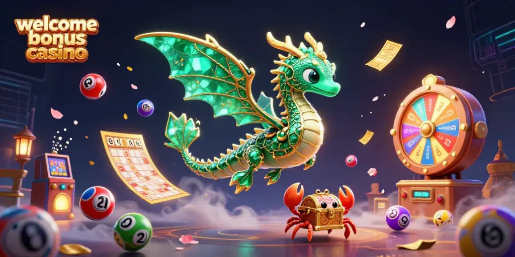 Experience the excitement of the welcome bonus casino with a 3D cartoon sea dragon surrounded by vibrant gambling elements.