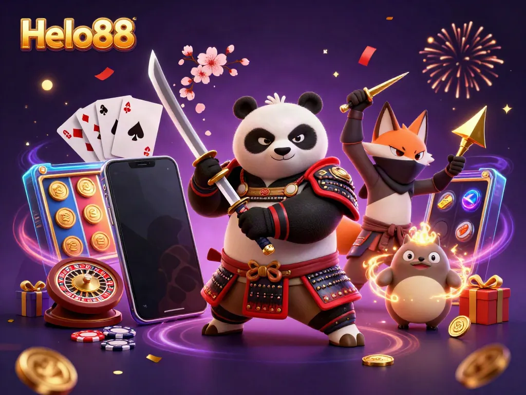 Experience thrilling gaming at Helo88 with a vibrant 3D scene featuring a samurai panda and ninja fox.