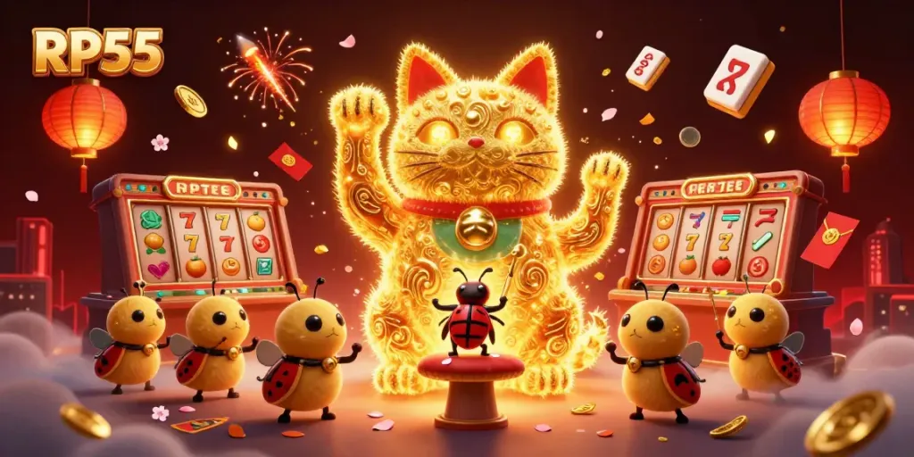 Win big with RP55 as animated lucky cat and vibrant symbols invite players to the ultimate casino experience.