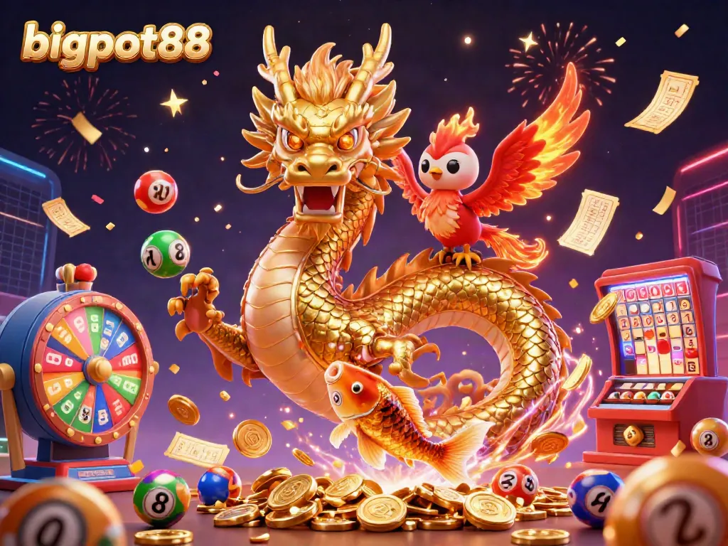Engage with bigpot88, where an enchanting golden dragon, red phoenix, and lucky koi fish celebrate under a vibrant casino scene.